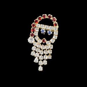 Gold Tone With Red, Blue & Clear Rhinestones Articulating Santa Brooch (4770)